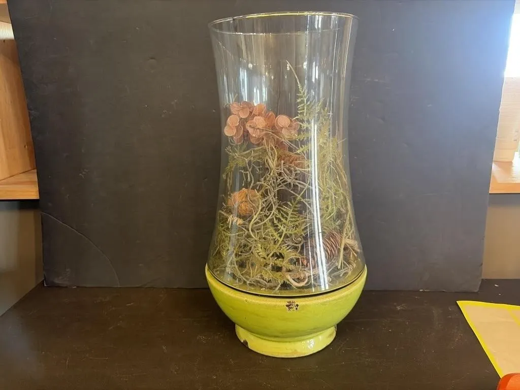 Green Vase With Artificial Plants
