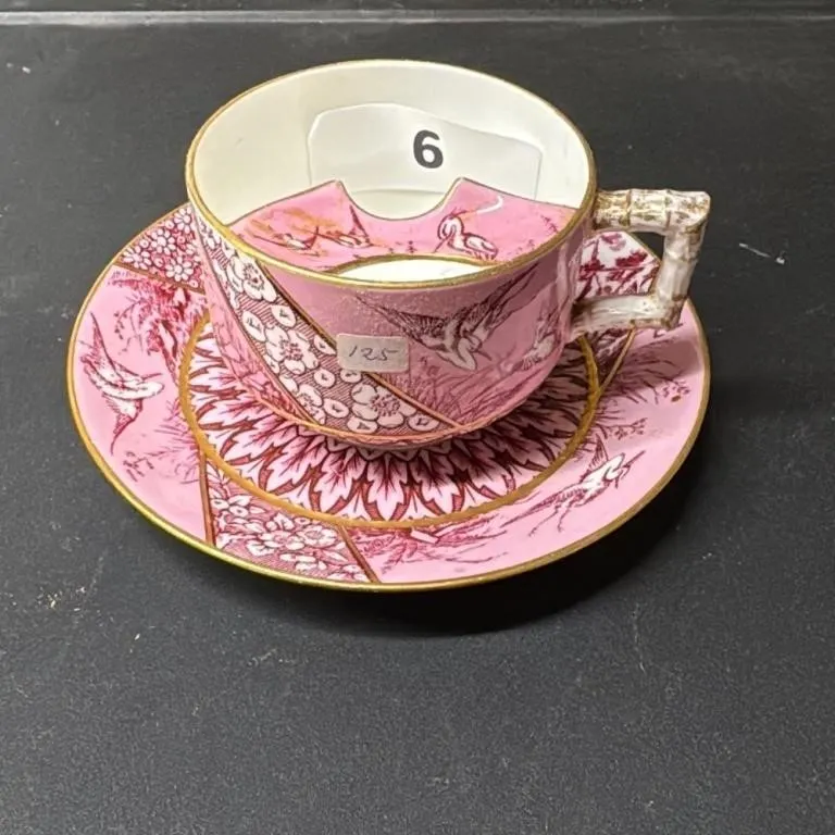 E.J.D.B. Pink Porcelain Teacup and Saucer Set