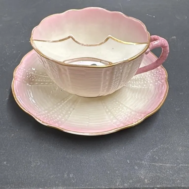 Belleek Teacup and Saucer Pink Trim Sea Urchin Pat