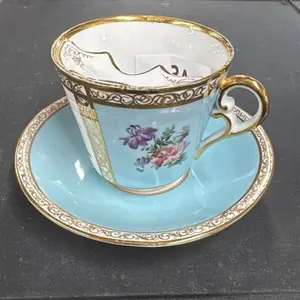 Antique Porcelain Teacup and Saucer Set Blue Flora