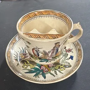 Antique "Moustache Cup" and Saucer with Hand-Paint