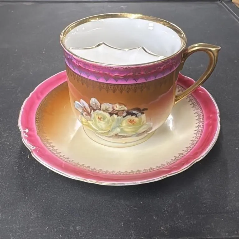 Vintage German Porcelain Cup and Saucer Set with F