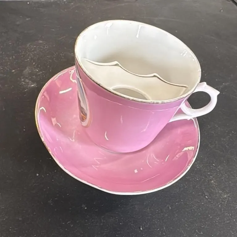 Vintage Pink Porcelain Cup and Saucer Set with Mus