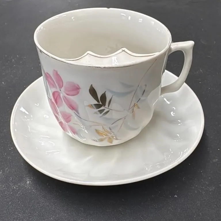 Antique German Mustache Cup and Saucer Floral Desi