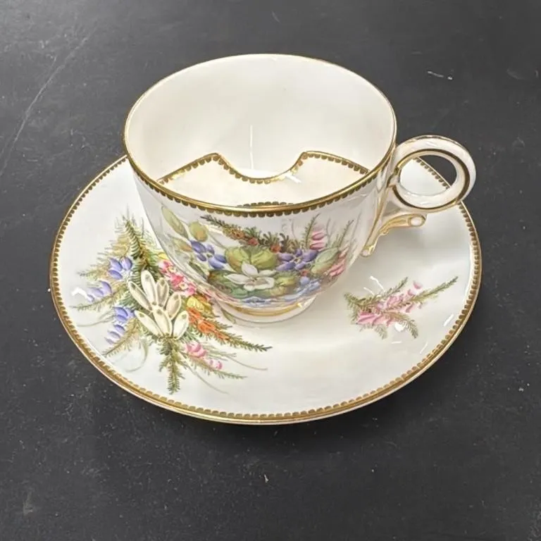 Antique Porcelain Mustache Cup and Saucer Floral G