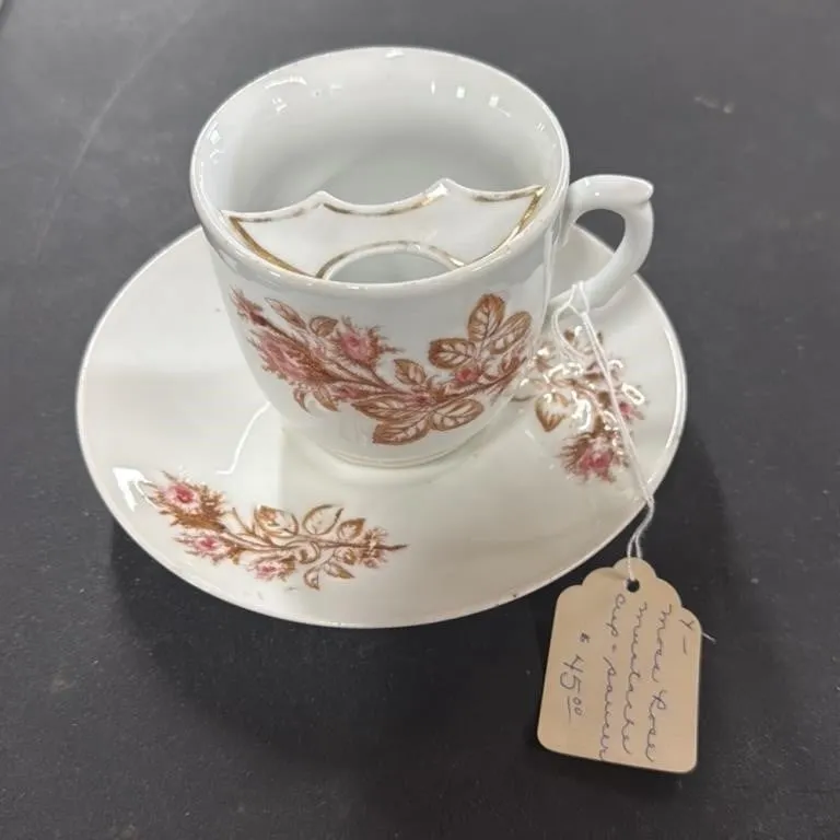 Vintage Moss Rose Mustache Cup and Saucer Set
