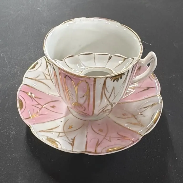 Antique Pink & Gold Mustache Cup and Saucer