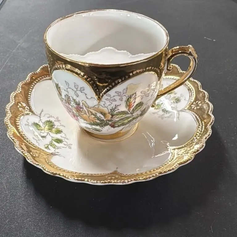 Antique Porcelain Teacup and Saucer Set Floral Gol