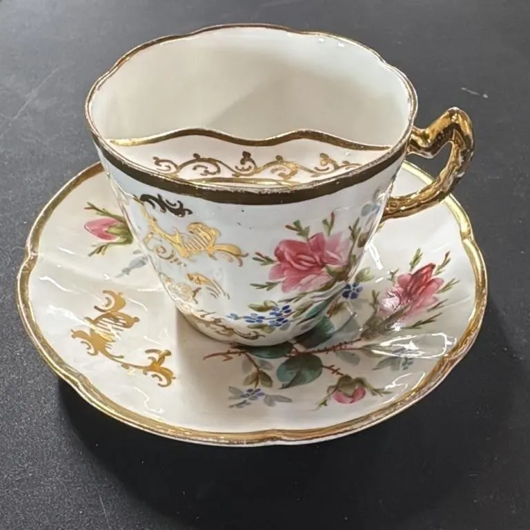 Antique "Moustache Cup" and Saucer with Floral Dec