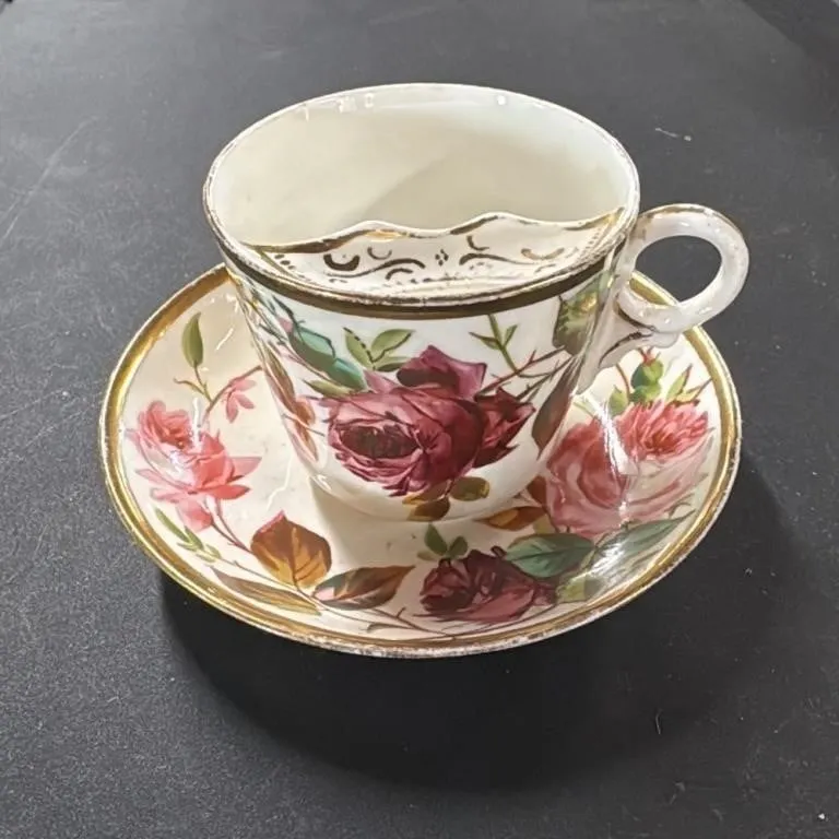 Victorian Hand Painted Rose Mustache Cup and Sauce