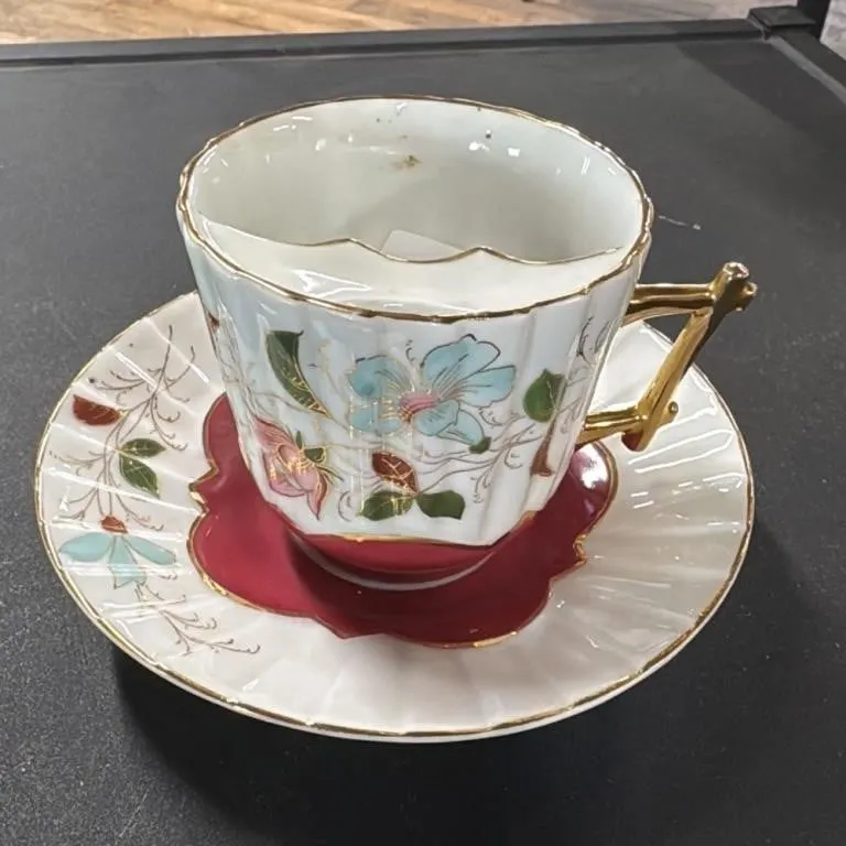 Vintage Mustache Cup and Saucer Set Floral Design