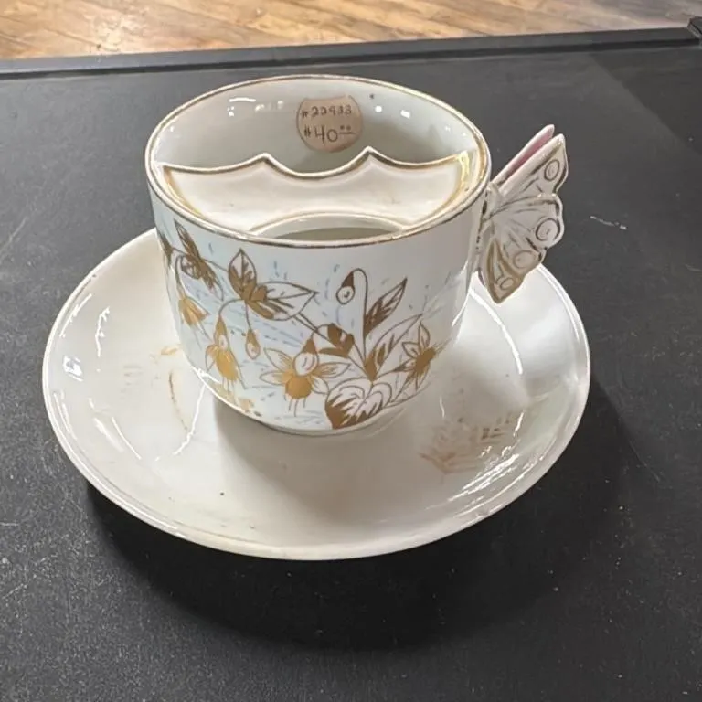 Antique Porcelain Teacup and Saucer with Butterfly