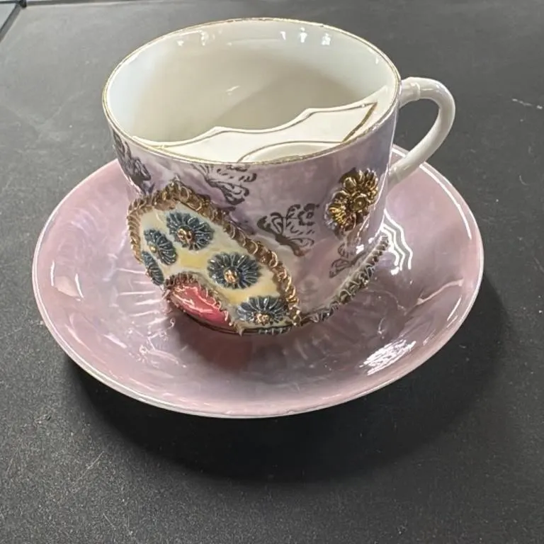 Antique Mustache Guard Teacup and Saucer Set Pink