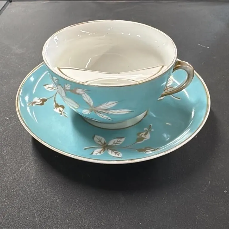 Vintage Turquoise Teacup and Saucer Set with Gold