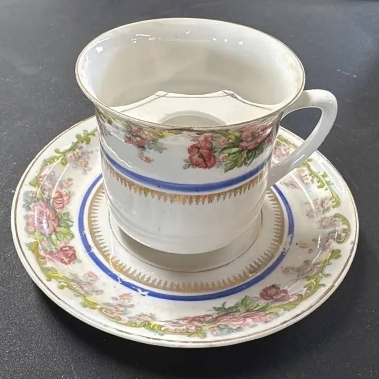 Antique Mustache Cup and Saucer Set Floral Blue Go