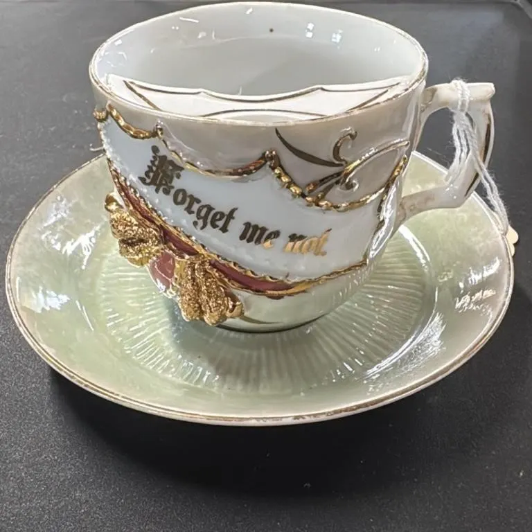 Green Luster Forget Me Not Mustache Cup and Saucer