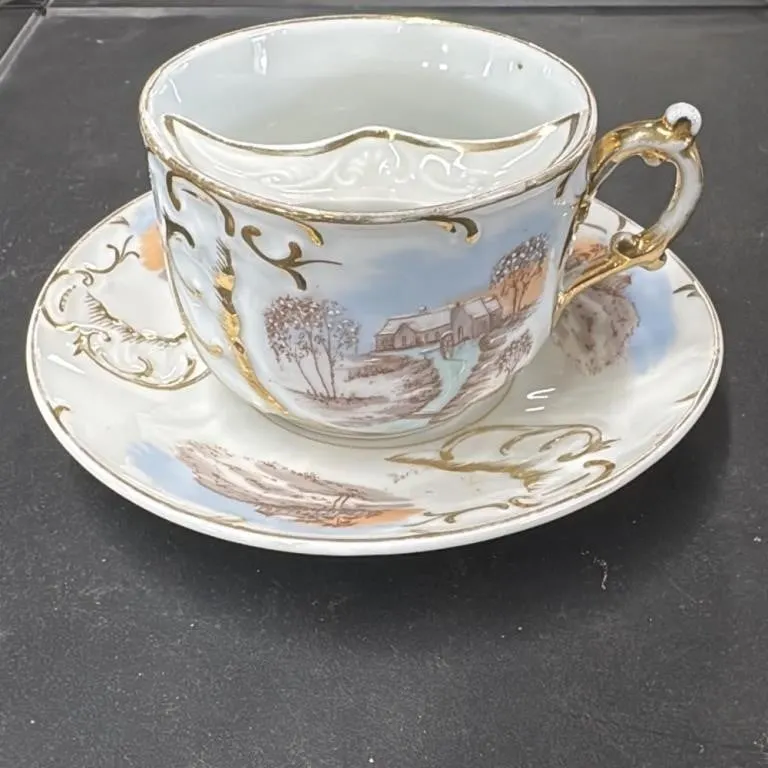 Antique Mustache Cup and Saucer Set with Scenic De