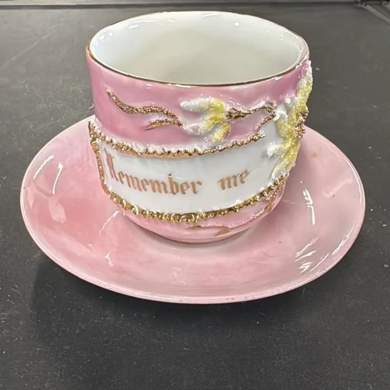 Vintage Pink Cup and Saucer "Remember Me" Made in