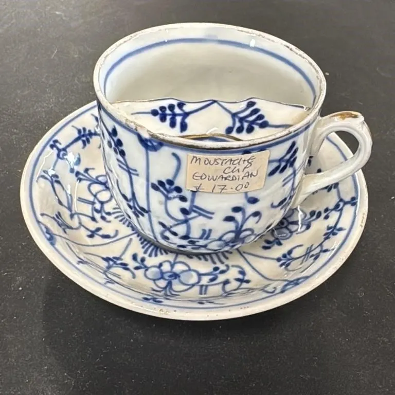 Edwardian Moustache Cup and Saucer Blue and White