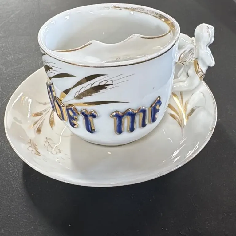Antique Mustache Cup and Saucer Set with Wheat Des
