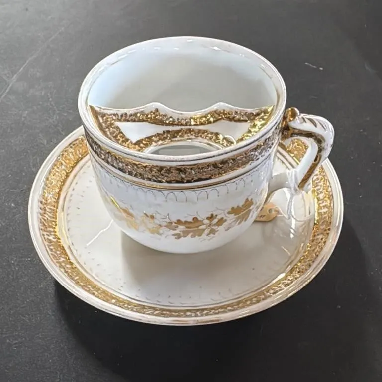 Antique Mustache Cup and Saucer Set Gold Gilt Porc