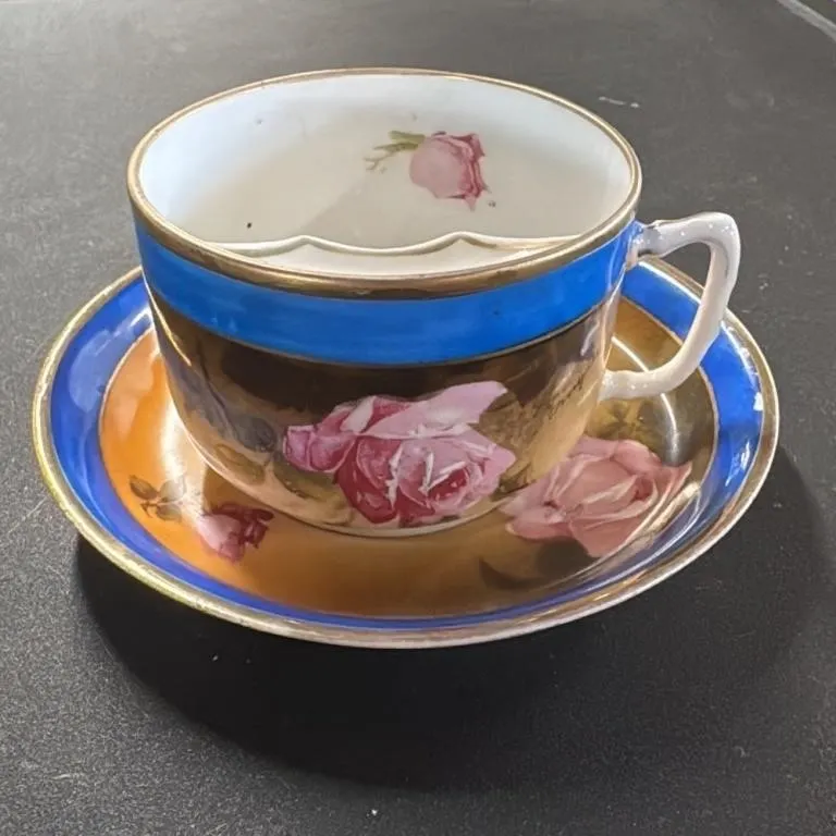 Antique Porcelain Teacup and Saucer Set with Roses