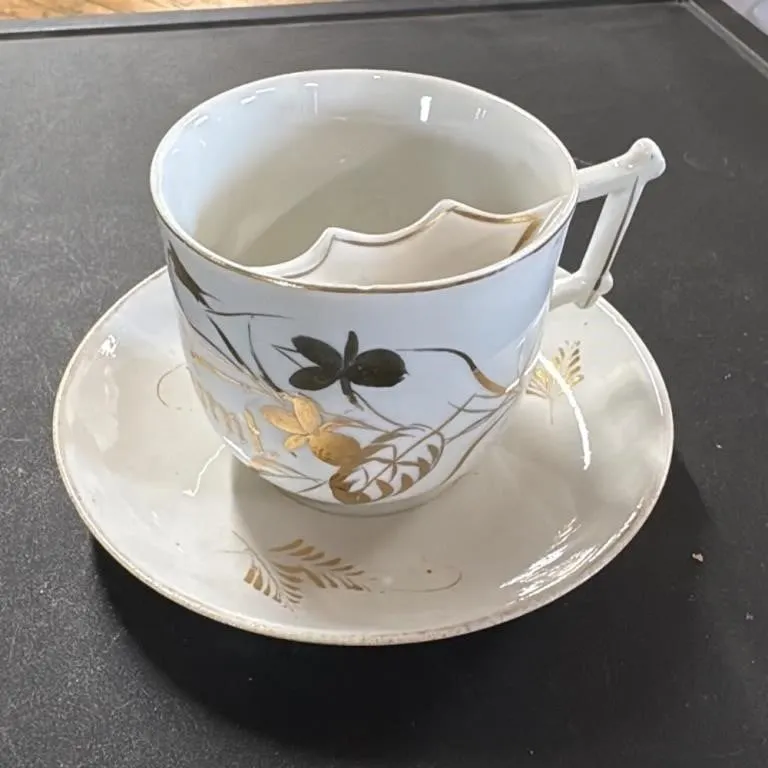 Antique German Mustache Cup and Saucer Set Gold Gi