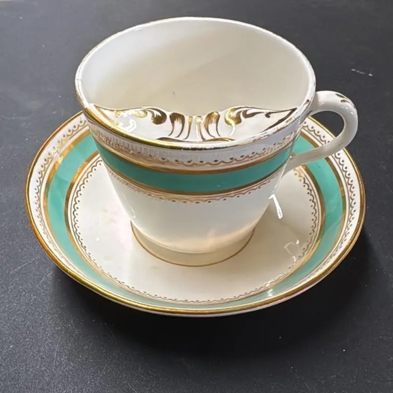 Vintage Porcelain Teacup and Saucer Set Green Gold