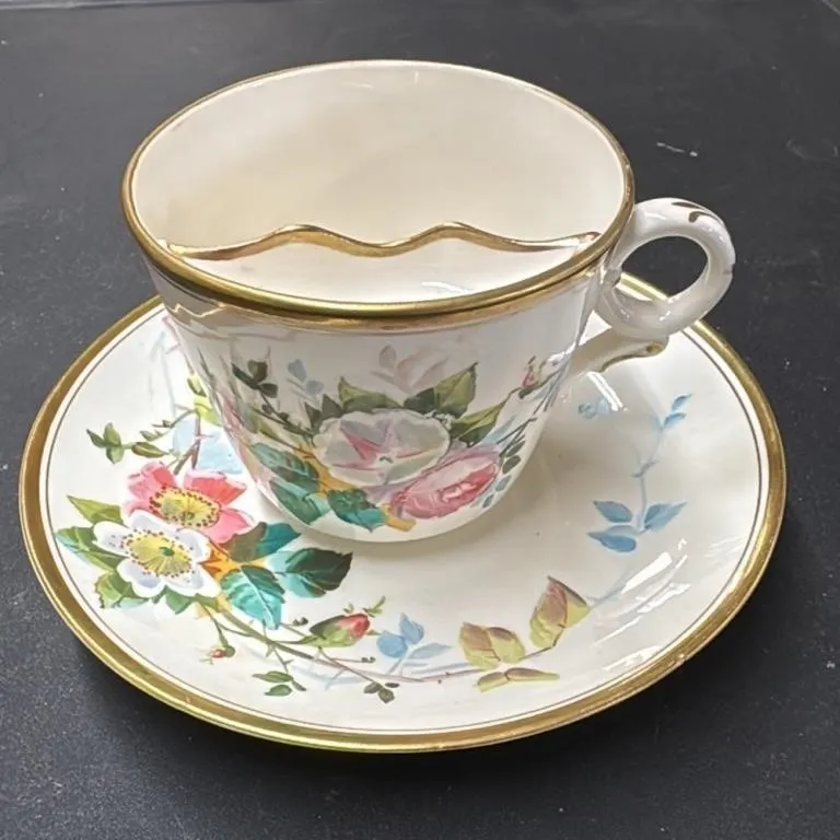 Antique Porcelain Mustache Cup and Saucer Floral G