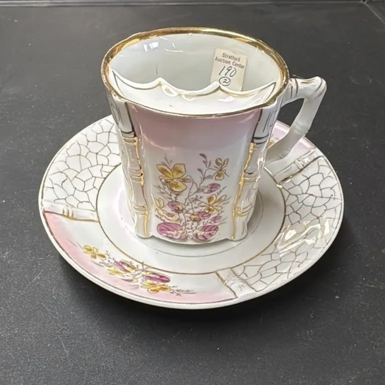 Antique Mustache Cup and Saucer Set Pink Floral Go