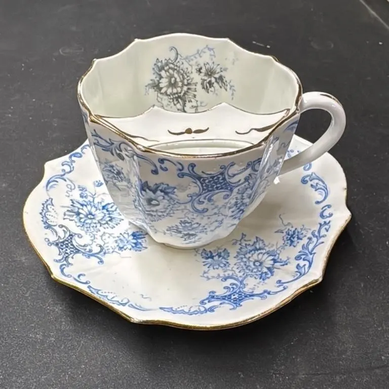 Antique Blue Floral Mustache Cup and Saucer Set