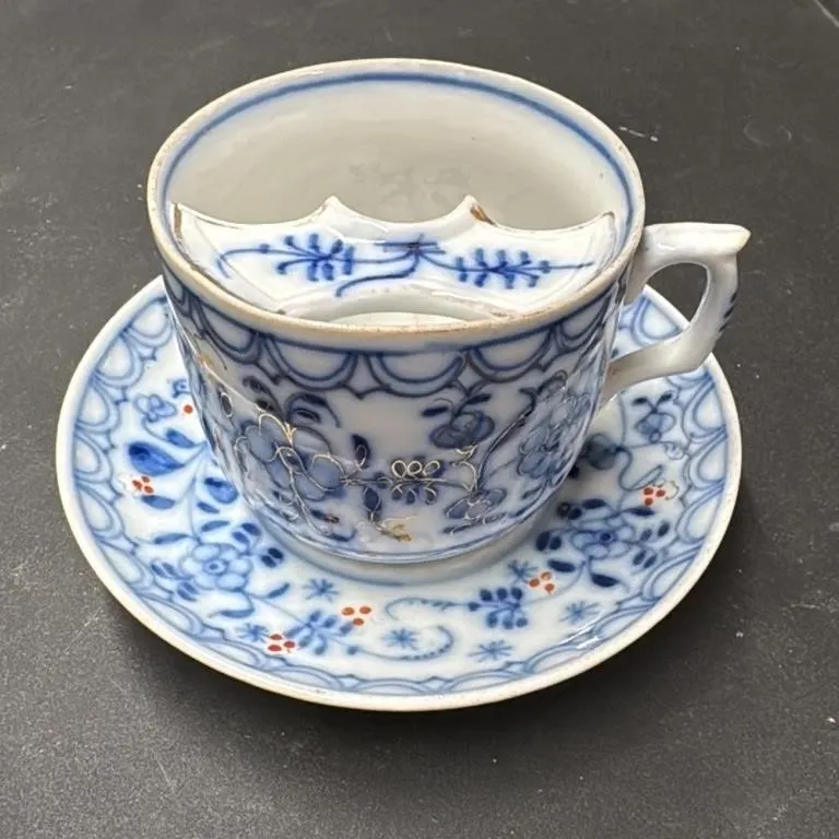 Antique Mustache Cup and Saucer Blue Floral Patter