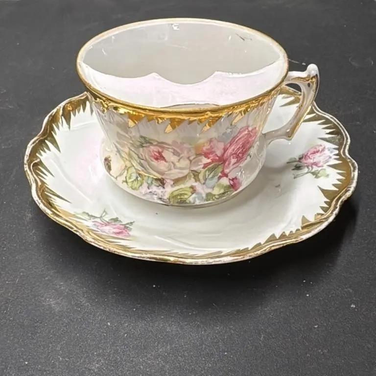 Antique Porcelain Moustache Mug and Saucer Set wit