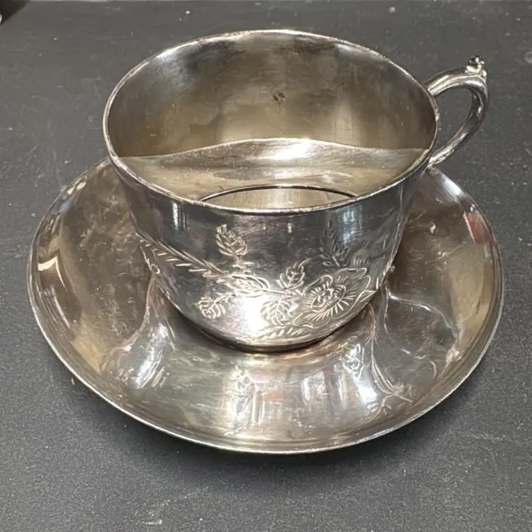Antique Aurora Plate Quadruple Silver Cup and Sauc