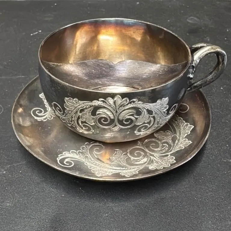 Vintage Silver Plate Cup and Saucer Set with Ornat
