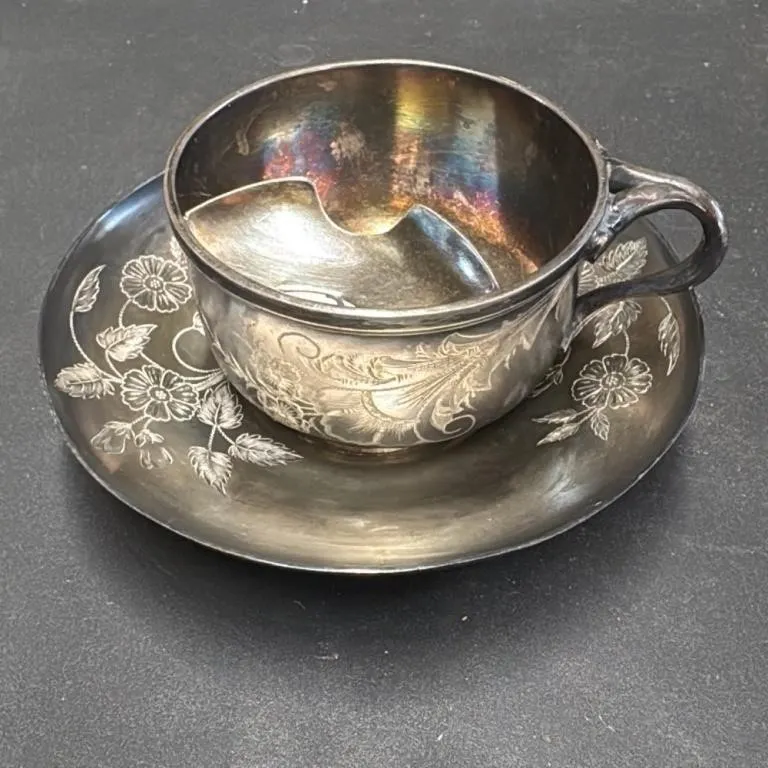 Antique Silver Plated Cup and Saucer Set with Flor