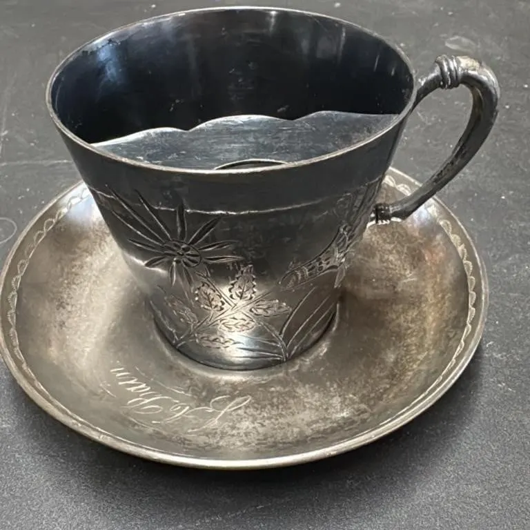 Antique Sterling Silver Mustache Cup and Saucer Se