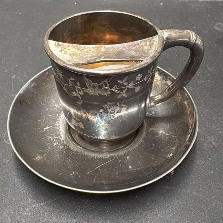 Victorian Silver Plate Mustache Cup and Saucer by