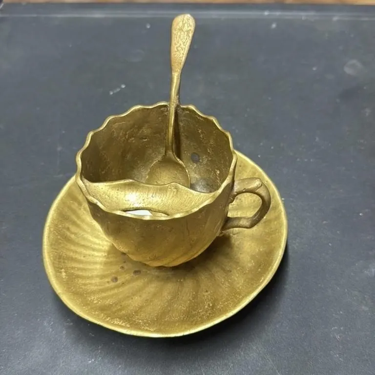 Vintage Brass Miniature Teacup Saucer and Spoon Se