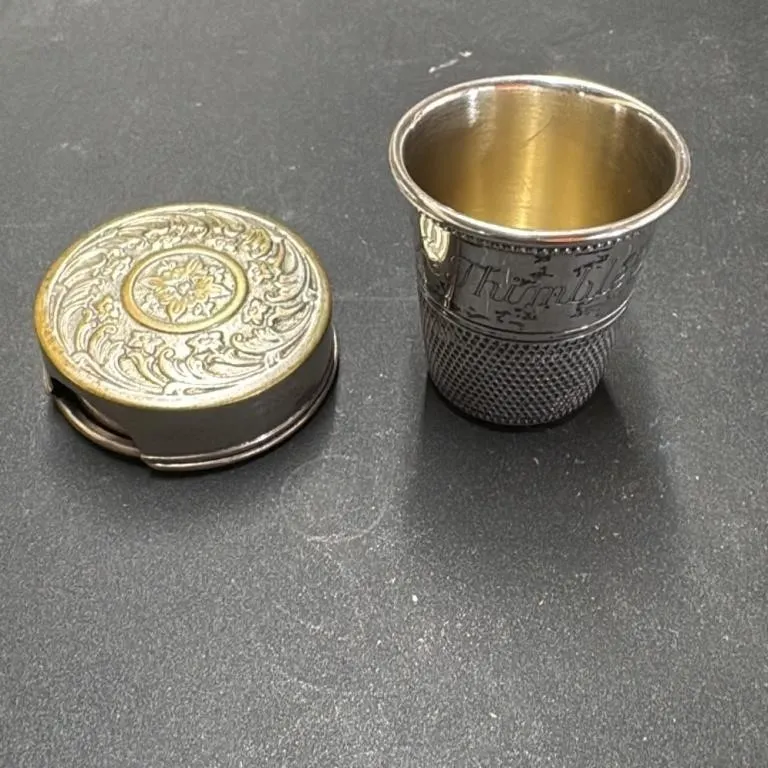Antique Silver Thimble and Decorative Box Set