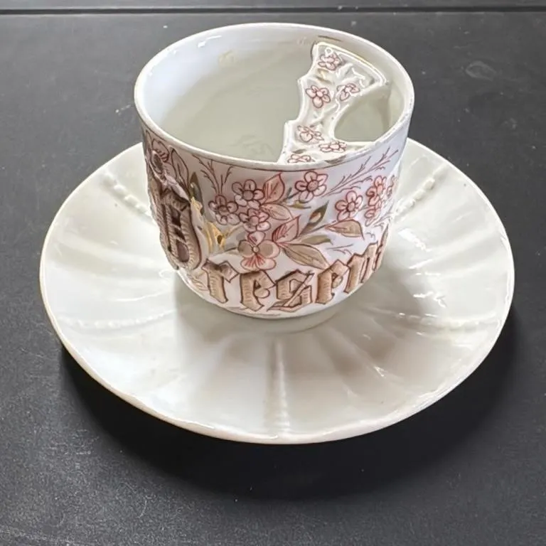 Antique Mustache Cup and Saucer Set Floral Design