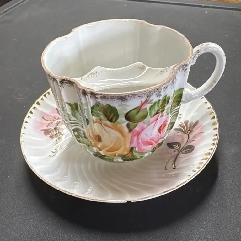 Antique Mustache Cup and Saucer Set Floral Design