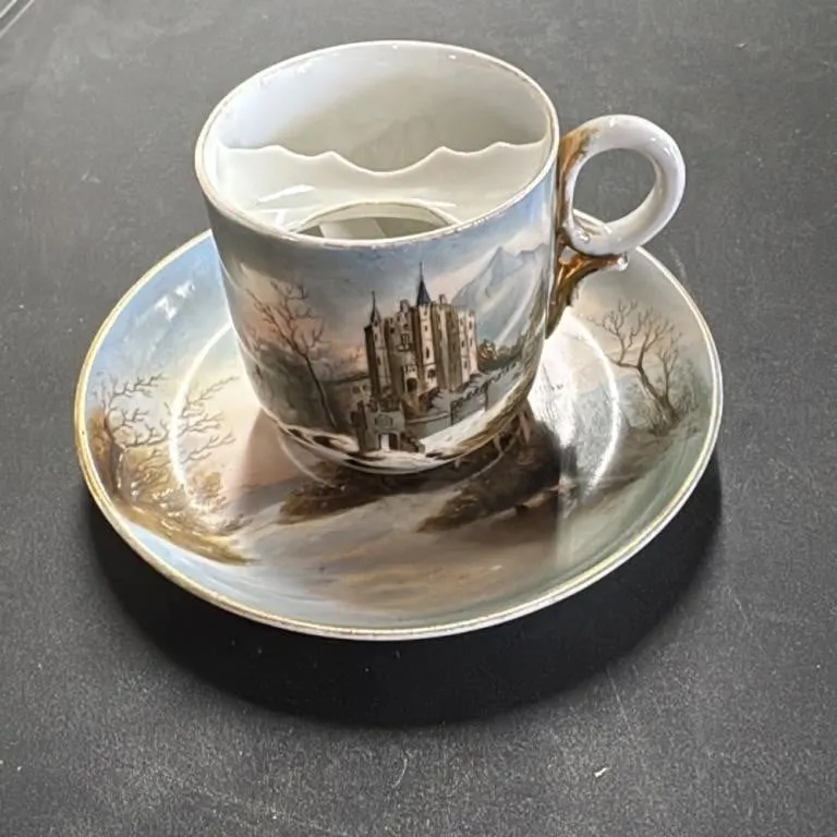 Antique Porcelain Mustache Cup and Saucer Set with