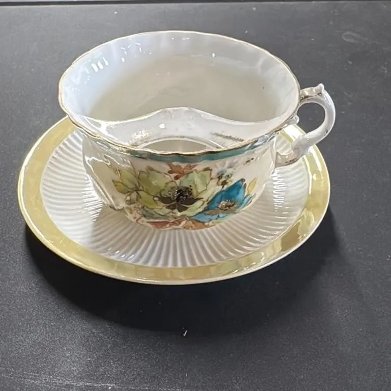 Antique Mustache Cup and Saucer Set Floral Design