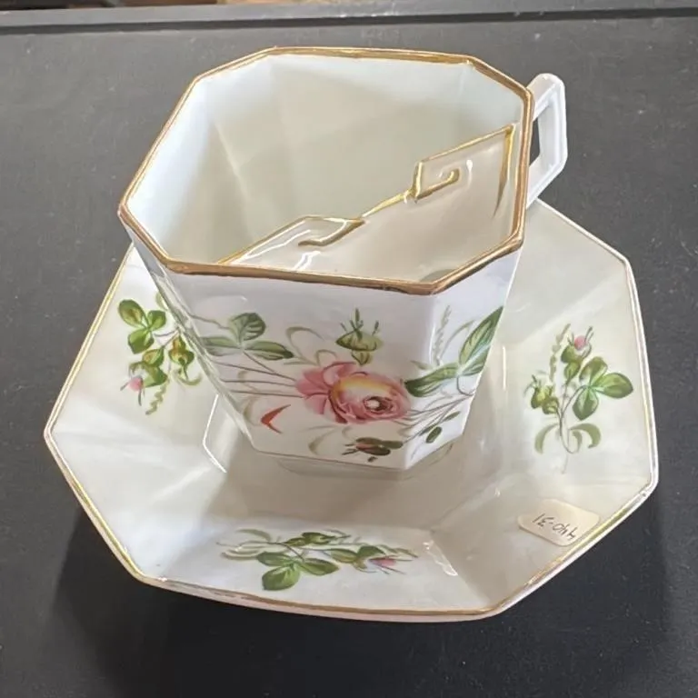 Vintage Octagonal Teacup and Saucer Set with Flora
