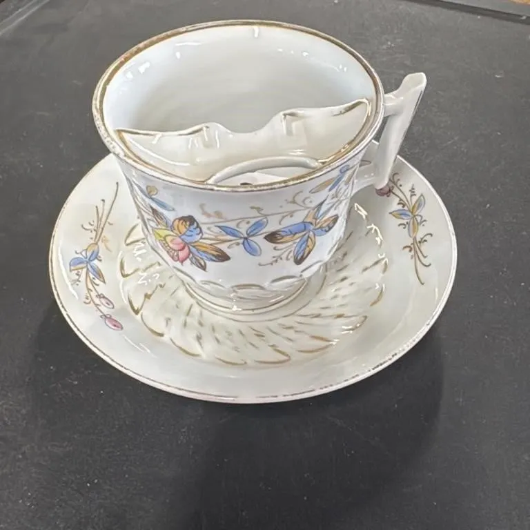 Antique Mustache Cup and Saucer Set Floral Gold Tr