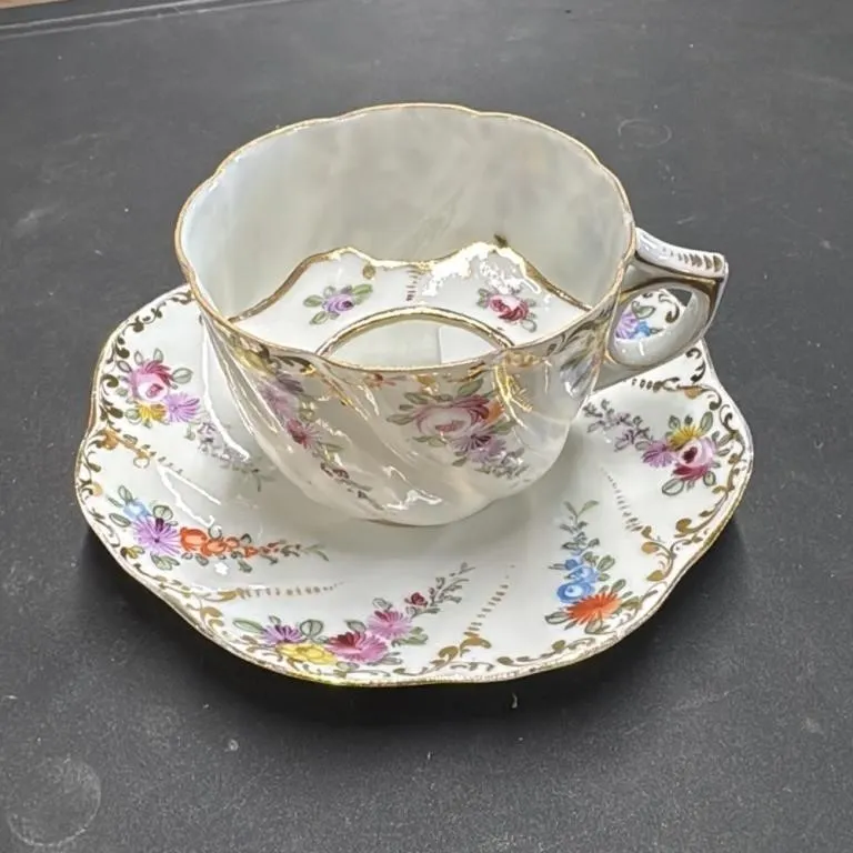Antique Mustache Cup and Saucer Floral Porcelain S