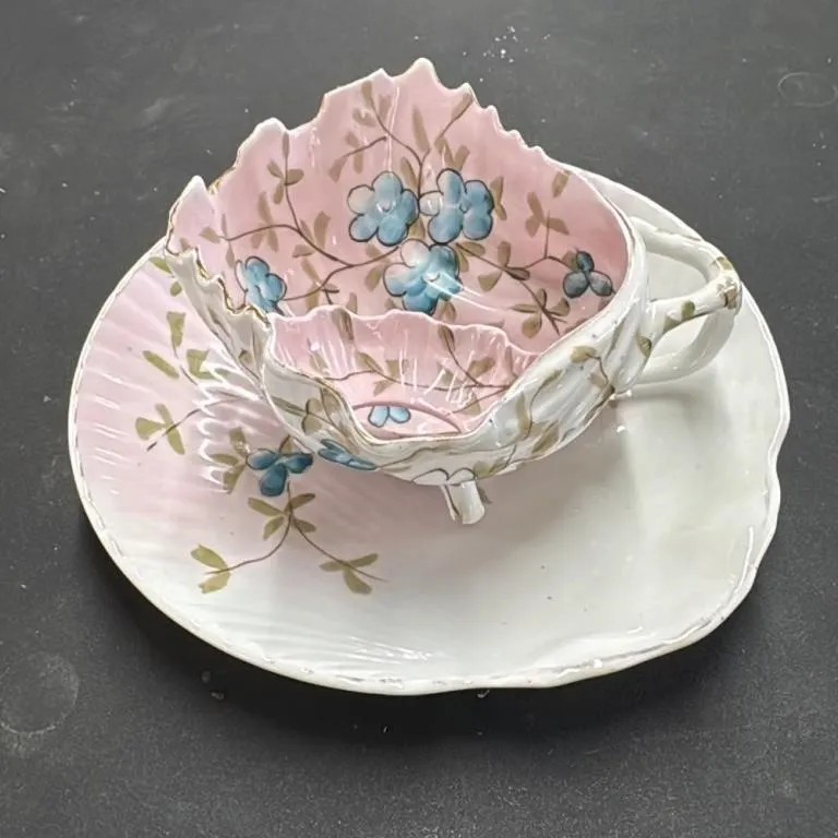 Vintage Pink Floral Leaf Shaped Teacup and Saucer