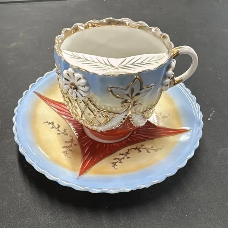 Vintage Porcelain Cup and Saucer Set Blue Gold Flo