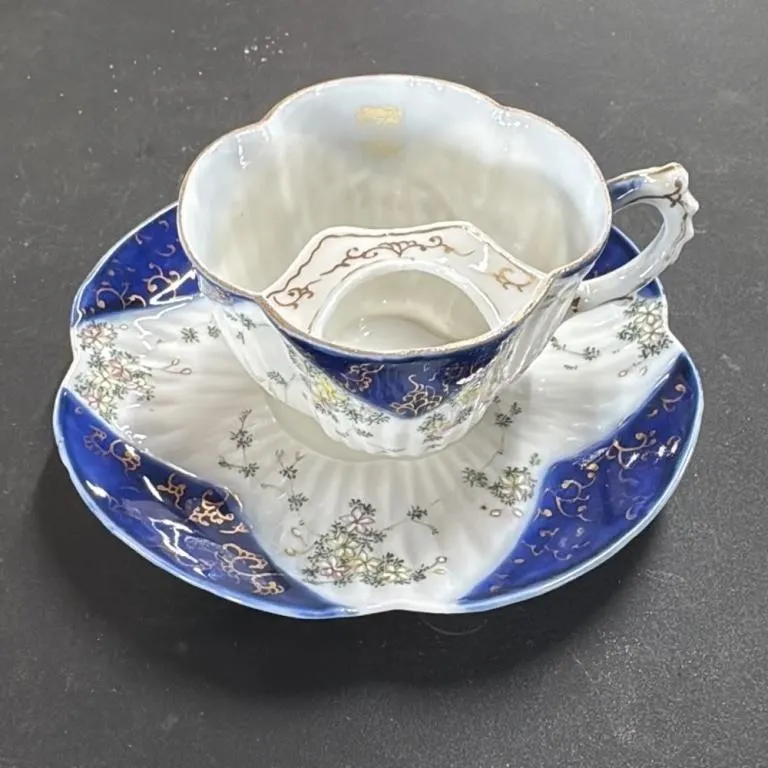 Antique Mustache Cup and Saucer Set Blue Floral Go